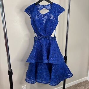 Unique Backless Blue Lace Sequin Dress